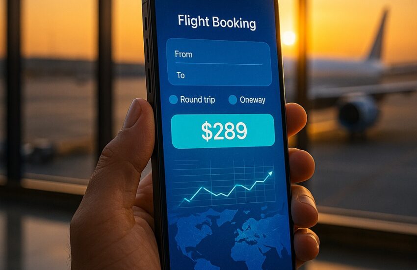 A traveler using one of the top apps to book round-trip tickets under $300 on their smartphone in an airport.