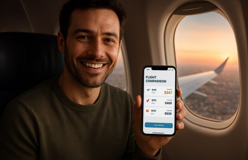 A man smiling while using one of the top apps to compare airline ticket prices on his smartphone, with flight deals visible on the screen.