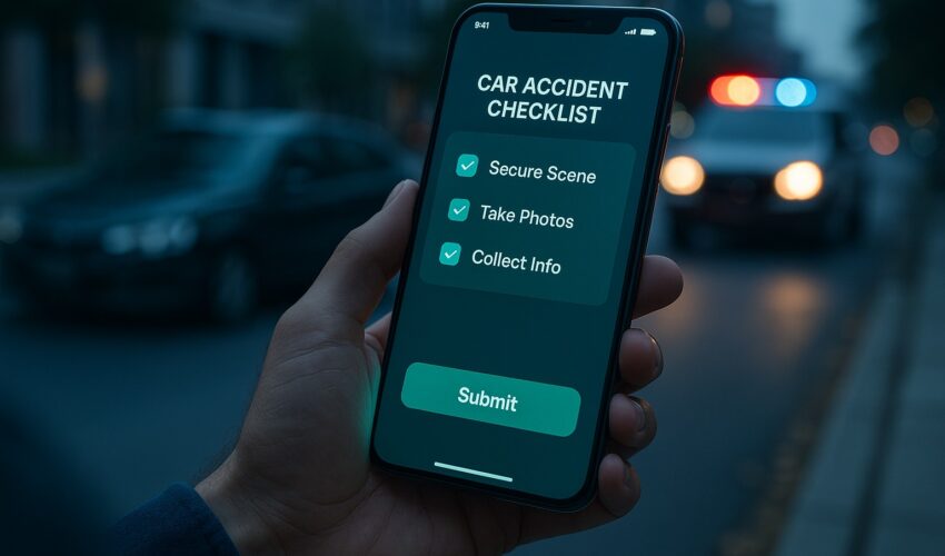 A driver uses one of the top mobile apps for filing accident injury claims online on their smartphone at a car accident scene.