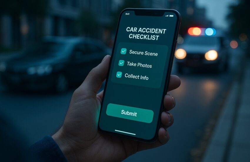 A driver uses one of the top mobile apps for filing accident injury claims online on their smartphone at a car accident scene.