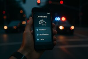 A person using a smartphone app to document what to do after a car crash, with an accident scene in the background.