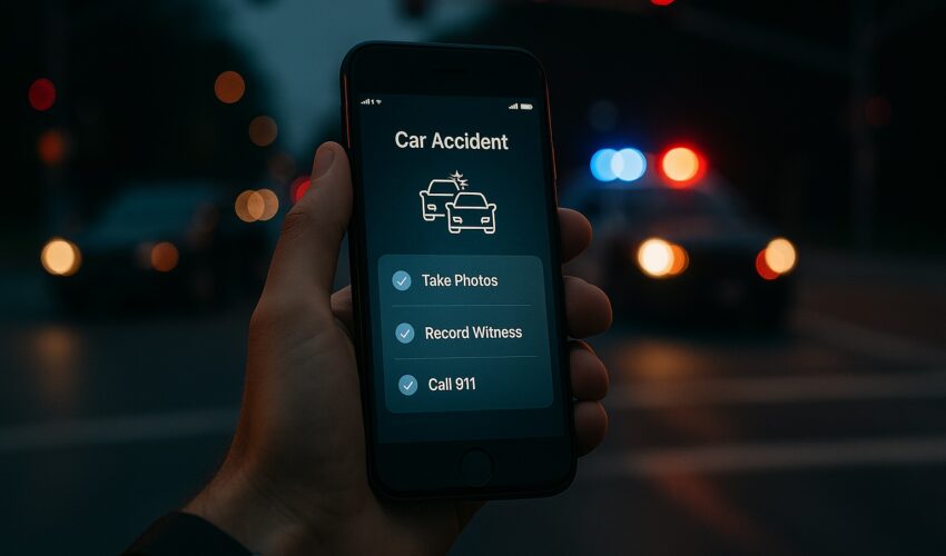 A person using a smartphone app to document what to do after a car crash, with an accident scene in the background.