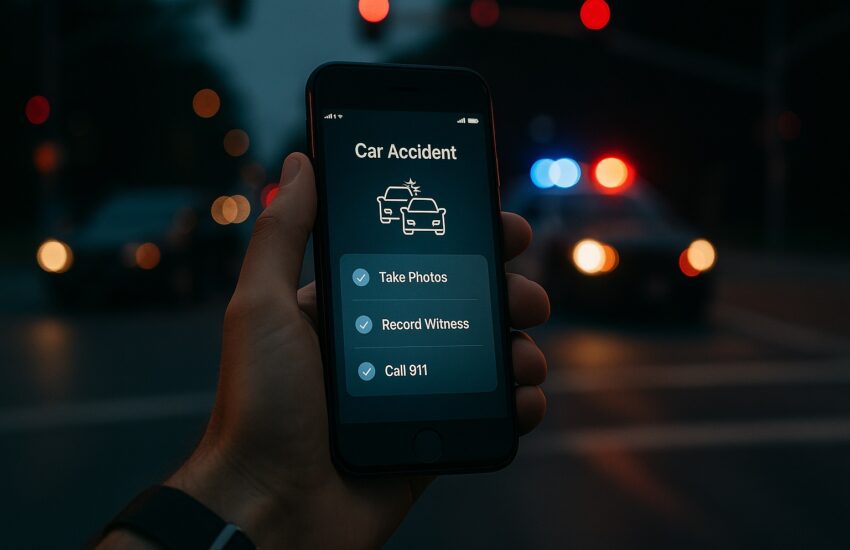 A person using a smartphone app to document what to do after a car crash, with an accident scene in the background.