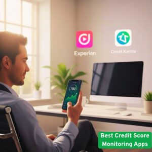 A person using one of the best credit score monitoring apps on their smartphone, showing a high credit score.