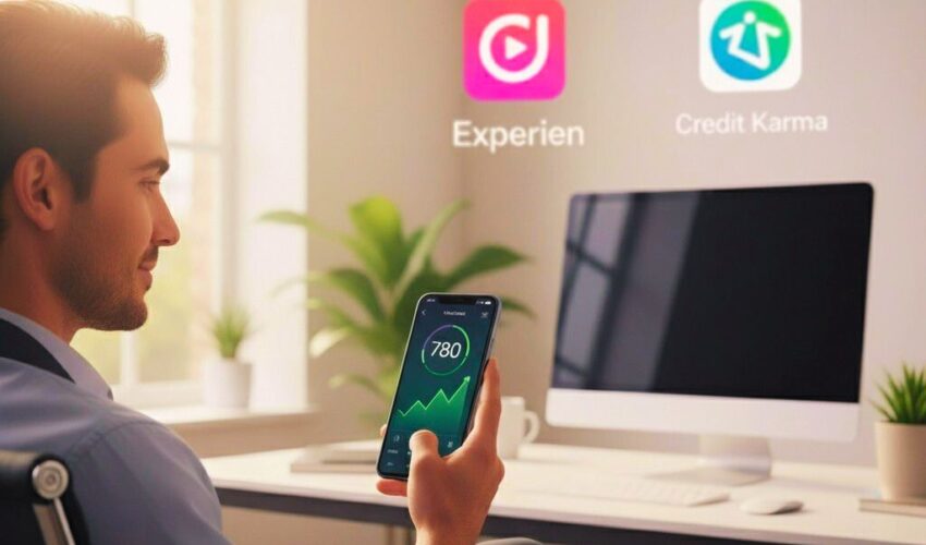 A person using one of the best credit score monitoring apps on their smartphone, showing a high credit score.