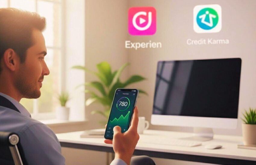 A person using one of the best credit score monitoring apps on their smartphone, showing a high credit score.