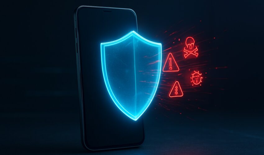 A smartphone protected by a digital security shield, illustrating the best cybersecurity apps for Android & iPhone to prevent hacks.