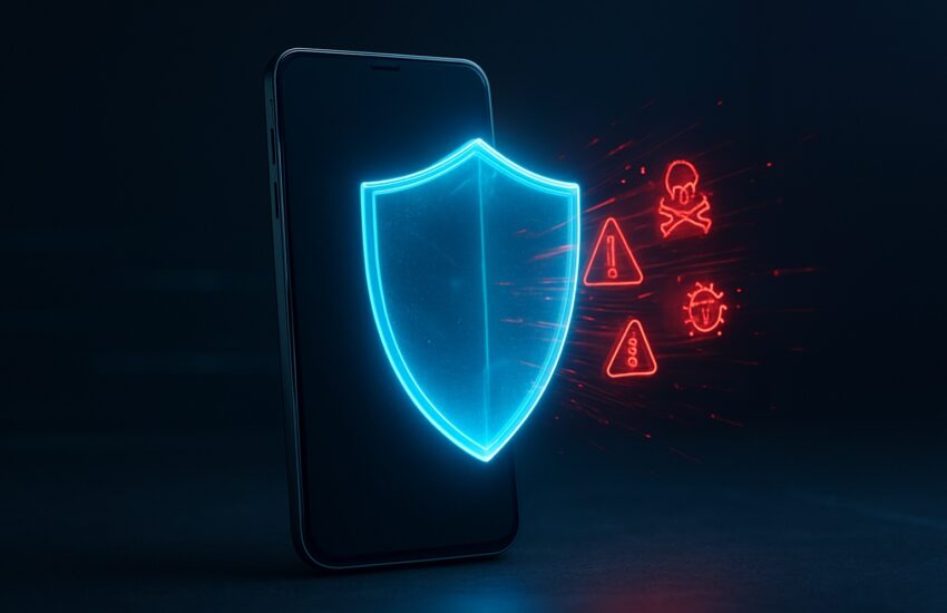 A smartphone protected by a digital security shield, illustrating the best cybersecurity apps for Android & iPhone to prevent hacks.