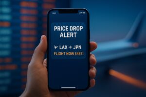 A smartphone displaying one of the top flight ticket apps with price drop alerts for a cheap flight to Japan.