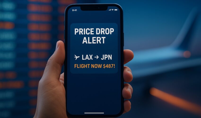 A smartphone displaying one of the top flight ticket apps with price drop alerts for a cheap flight to Japan.