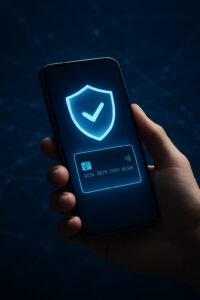 A hand holding a smartphone with a glowing security shield, illustrating how to secure your smartphone from online credit card fraud.