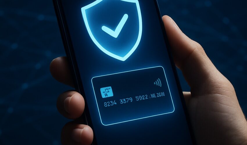 A hand holding a smartphone with a glowing security shield, illustrating how to secure your smartphone from online credit card fraud.