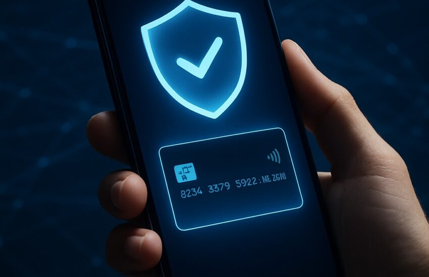 A hand holding a smartphone with a glowing security shield, illustrating how to secure your smartphone from online credit card fraud.