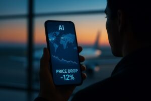 A traveler uses an AI app on their smartphone to find the cheapest air tickets, viewing a futuristic interface with flight deals.