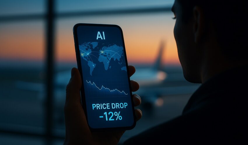 A traveler uses an AI app on their smartphone to find the cheapest air tickets, viewing a futuristic interface with flight deals.