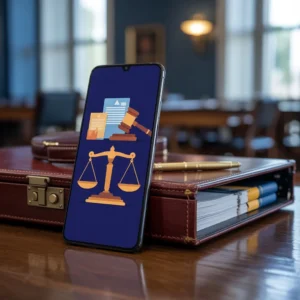 Must-have legal apps for lawyers and law students showing smartphone with professional law applications and legal technology tools