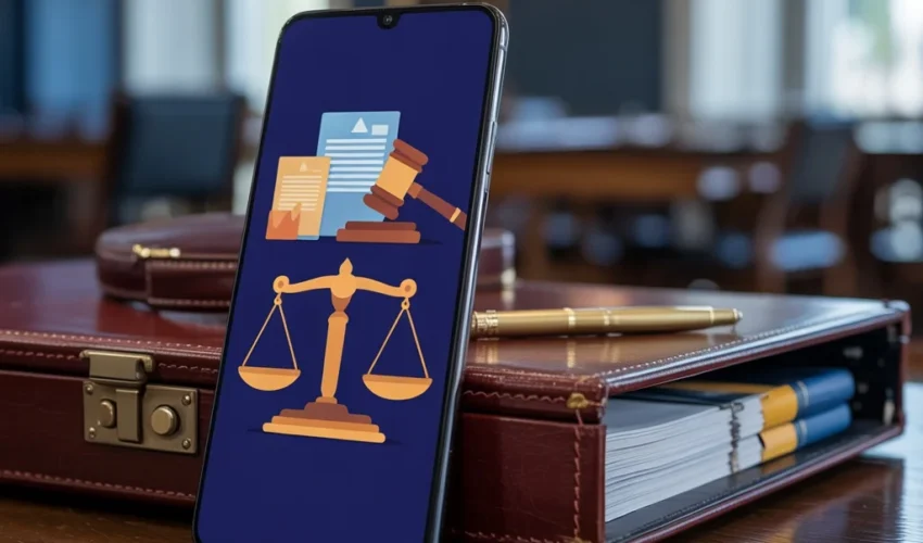 Must-have legal apps for lawyers and law students showing smartphone with professional law applications and legal technology tools