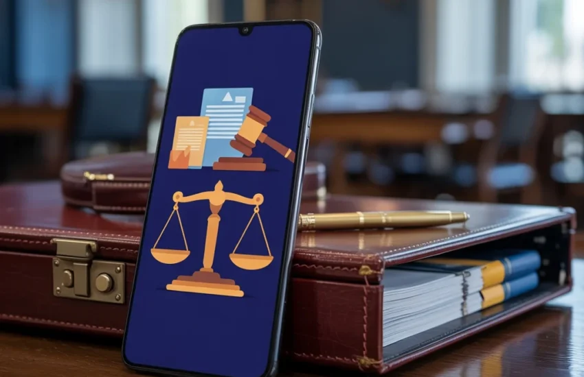 Must-have legal apps for lawyers and law students showing smartphone with professional law applications and legal technology tools