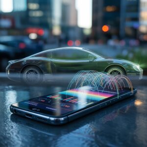 AI-powered apps that predict car insurance rates accurately showing smartphone interface with rate prediction technology, comparison charts, and telematics data visualization