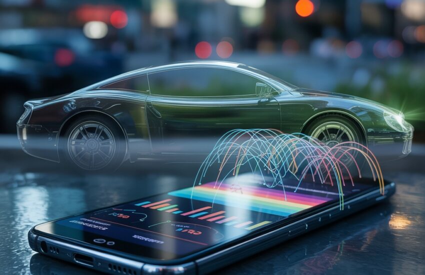 AI-powered apps that predict car insurance rates accurately showing smartphone interface with rate prediction technology, comparison charts, and telematics data visualization