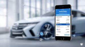 Best car insurance apps for instant quotes showing smartphone with insurance comparison interface and modern car background.