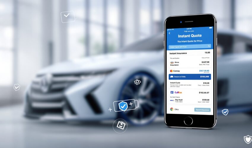 Best car insurance apps for instant quotes showing smartphone with insurance comparison interface and modern car background.