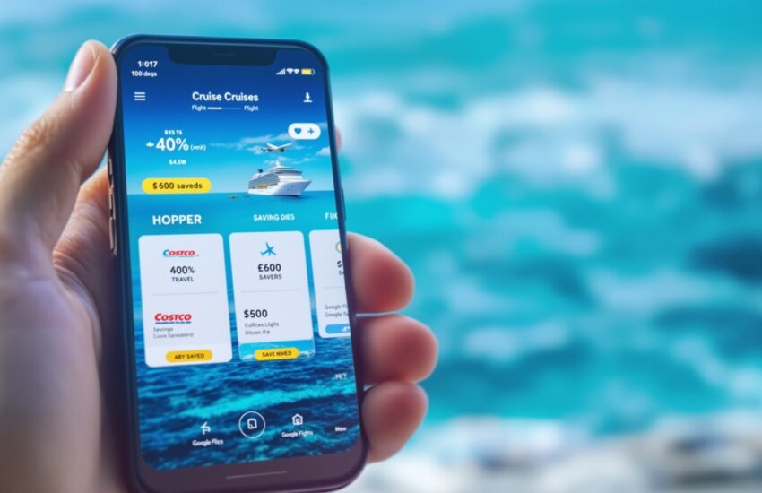 Best cruise and flight booking apps displaying discount percentages and money-saving deals on smartphone screen with travel icons