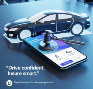 A smartphone displaying an interface for one of the best instant car insurance apps every new driver should try, with a gavel and a car symbolizing a smart legal choice.