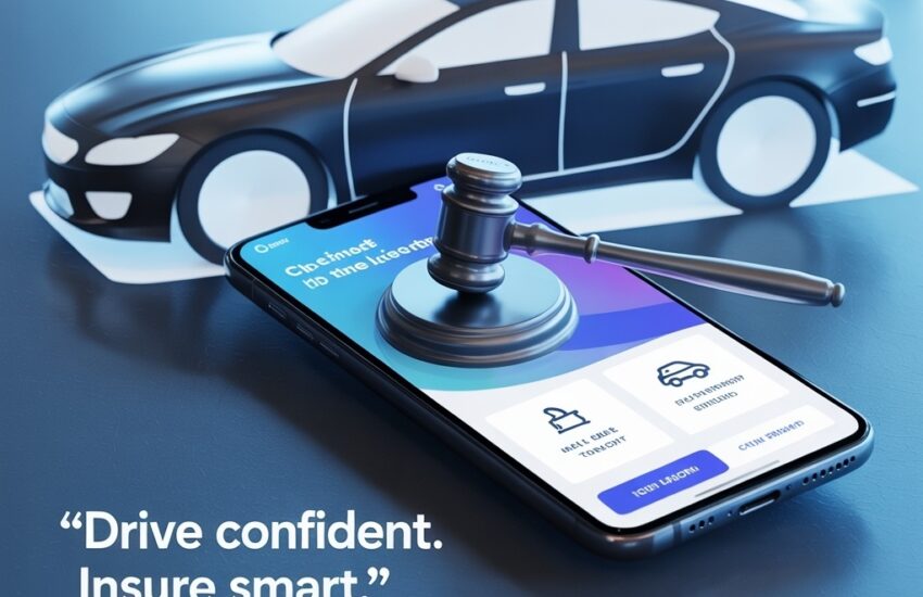 A smartphone displaying an interface for one of the best instant car insurance apps every new driver should try, with a gavel and a car symbolizing a smart legal choice.