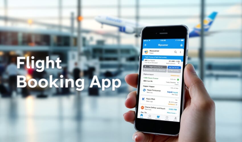 A hand holding a smartphone displaying an instant air ticket booking app, with a blurred airport terminal in the background.