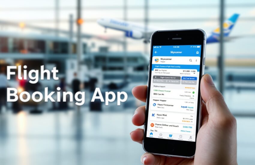 A hand holding a smartphone displaying an instant air ticket booking app, with a blurred airport terminal in the background.