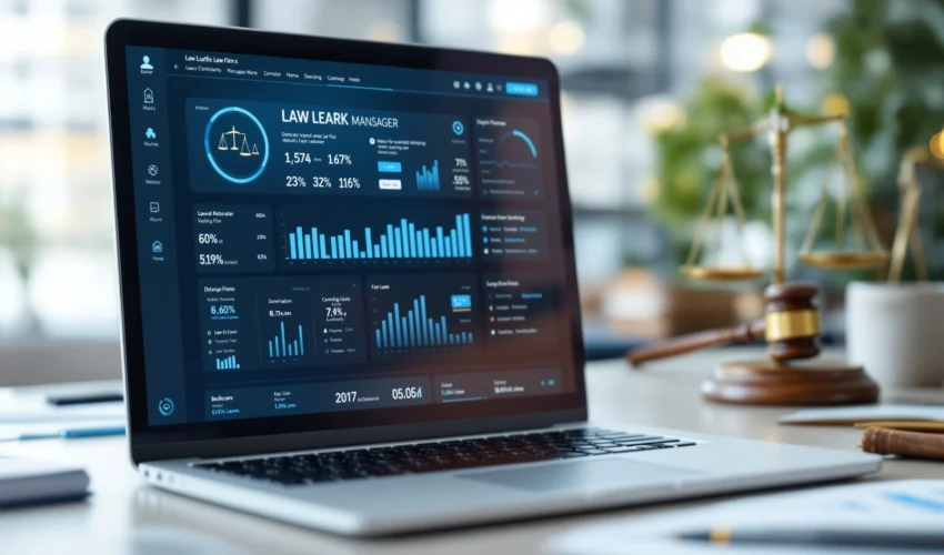 Dashboard of a law firm management app on a laptop screen, showing modern case management and analytics tools.