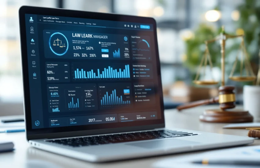 Dashboard of a law firm management app on a laptop screen, showing modern case management and analytics tools.