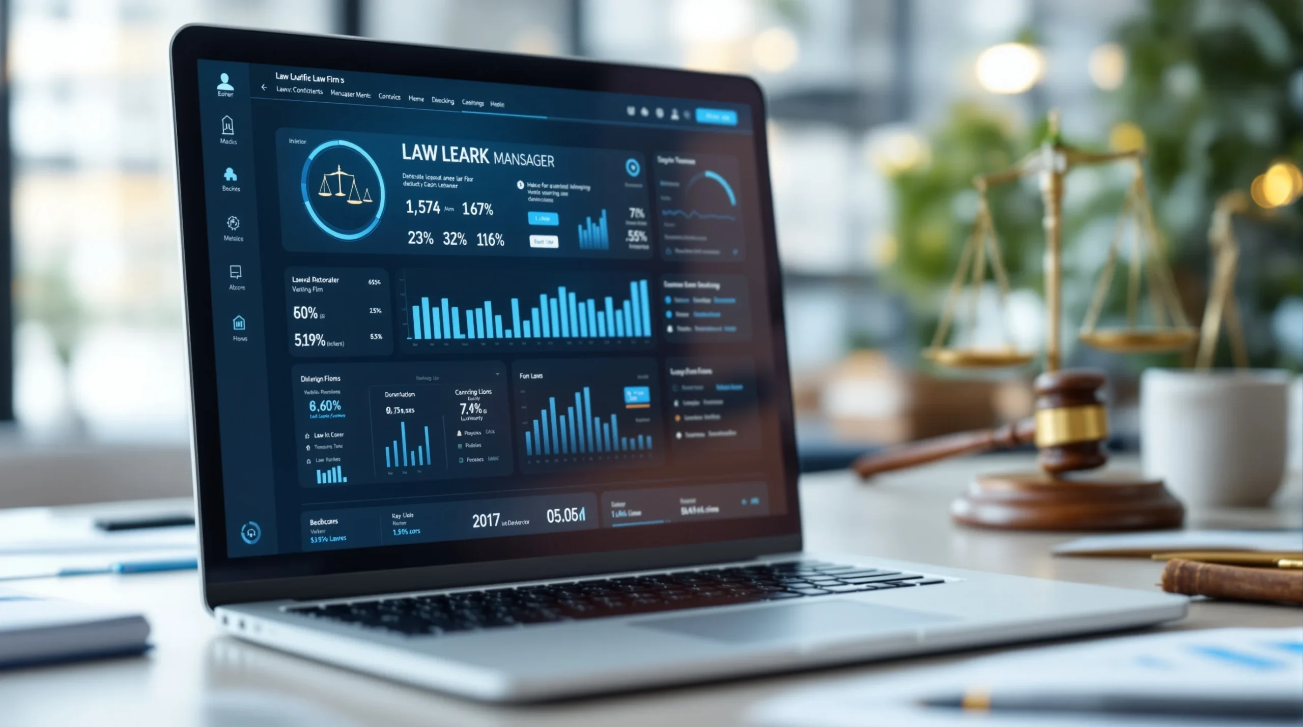 Dashboard of a law firm management app on a laptop screen, showing modern case management and analytics tools.

