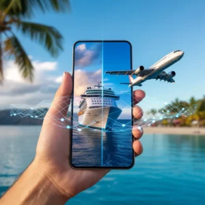 AI-powered travel booking apps showing integrated cruise and flight planning on smartphone with vacation destination.