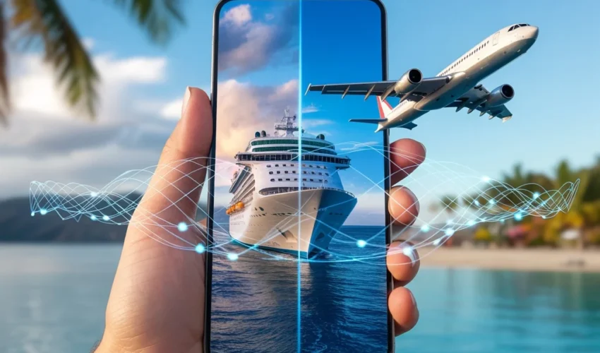 AI-powered travel booking apps showing integrated cruise and flight planning on smartphone with vacation destination.