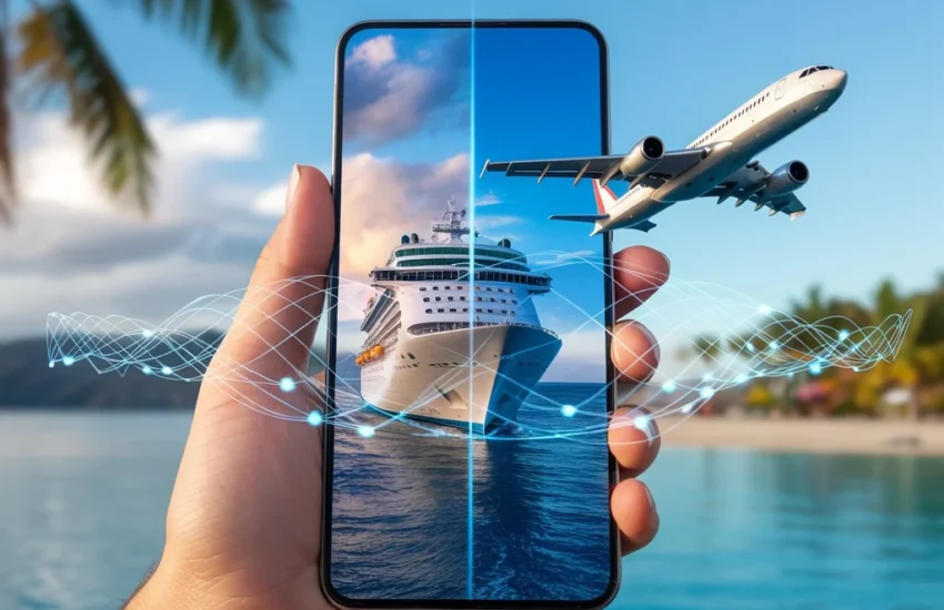 AI-powered travel booking apps showing integrated cruise and flight planning on smartphone with vacation destination.