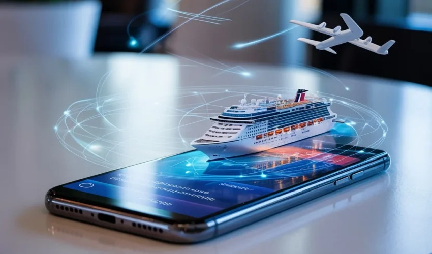 Smart travel booking apps with AI technology showing cruise and flight planning on smartphone with intelligent booking features.