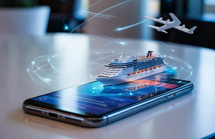 Smart travel booking apps with AI technology showing cruise and flight planning on smartphone with intelligent booking features.