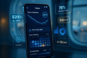 Smartphone flight booking app with AI price forecasting, showing price drop alerts, savings dashboard, and predictive analytics charts.