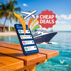 Top Apps for Cheap Cruises and Flights A smartphone on a beachside table showcasing top apps for finding cheap cruises and flights, with deal icons emerging from the screen.