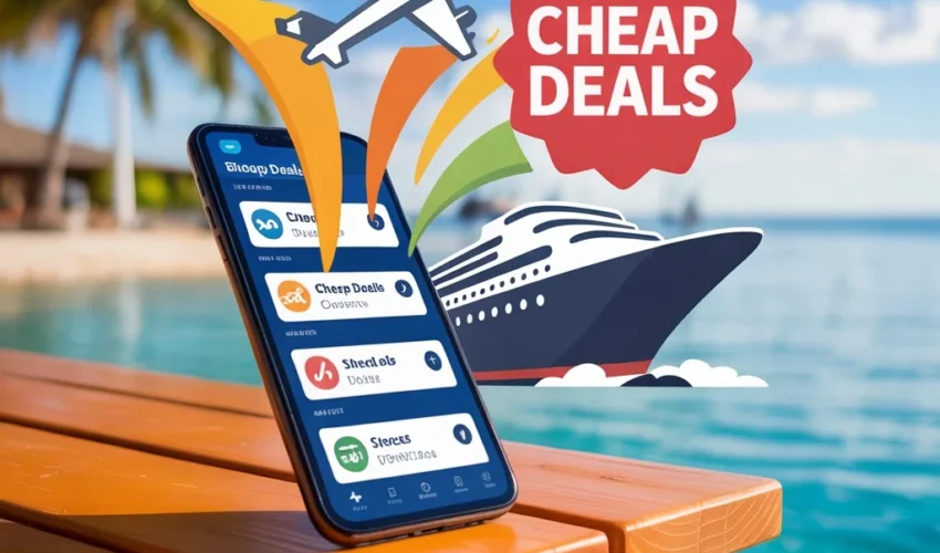 A smartphone on a beachside table showcasing top apps for finding cheap cruises and flights, with deal icons emerging from the screen.