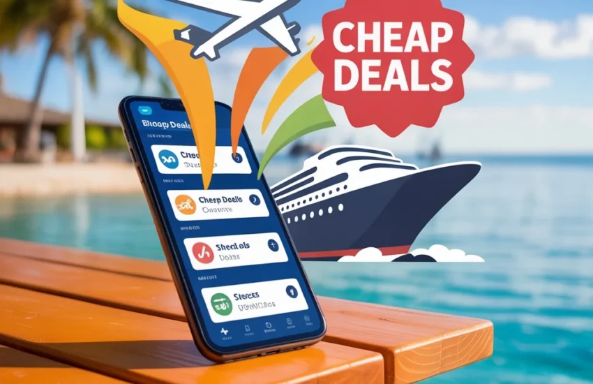 A smartphone on a beachside table showcasing top apps for finding cheap cruises and flights, with deal icons emerging from the screen.