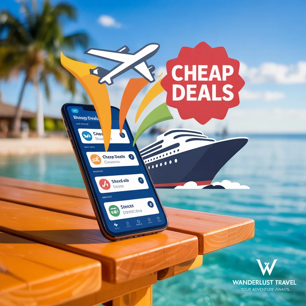 A smartphone on a beachside table showcasing top apps for finding cheap cruises and flights, with deal icons emerging from the screen.