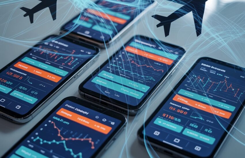 Top flight booking apps with AI price prediction displaying smartphone interfaces, prediction charts, and price trend graphs for cheapest flight deals.