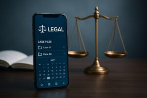 A smartphone displaying one of the top legal apps for lawyers and law students, with scales of justice in the background.