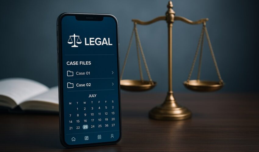 A smartphone displaying one of the top legal apps for lawyers and law students, with scales of justice in the background.