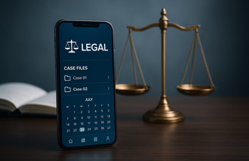 A smartphone displaying one of the top legal apps for lawyers and law students, with scales of justice in the background.