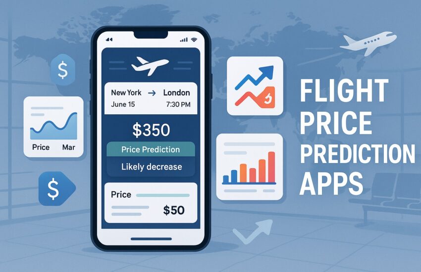 Flight price prediction apps comparison featuring smartphone displays showing multiple travel booking interfaces with price trends, graphs, and prediction analytics.