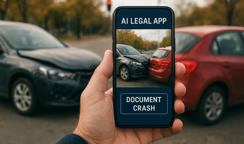 A driver uses one of the best AI legal apps on their smartphone to document a car crash scene for an insurance claim.